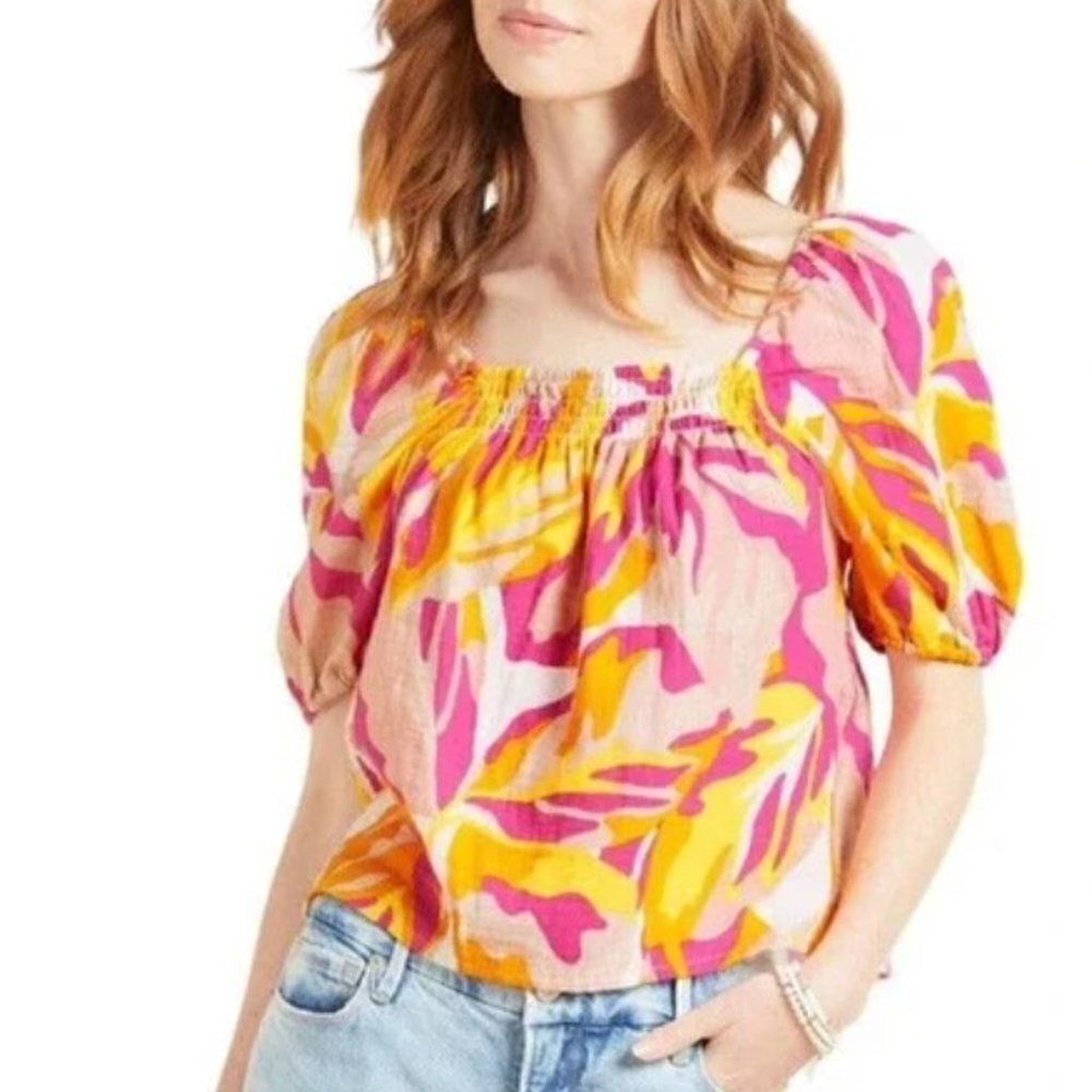 NWT Sanctuary Real Love Tropical Print Top size Small Pink Square Neck Blouse